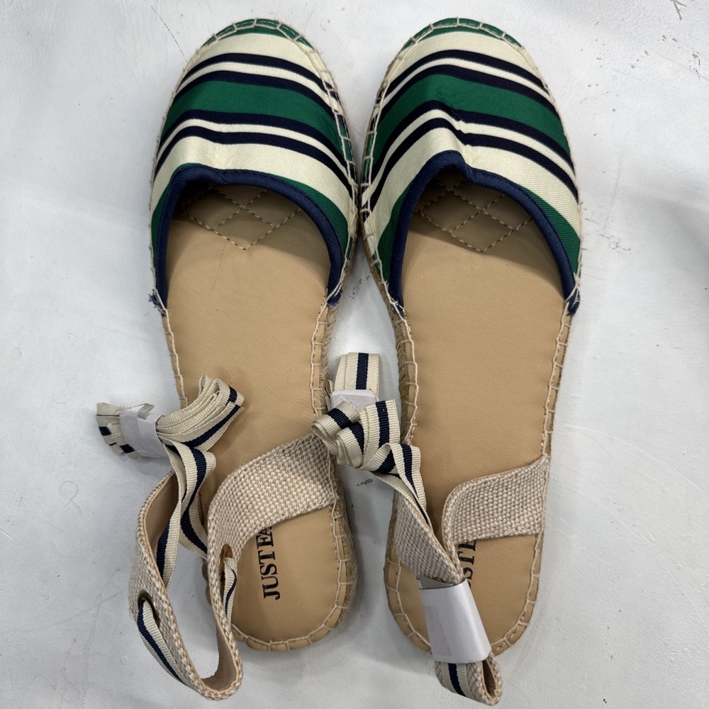 JustFab Womens 9 Striped Espadrille Flat Sandals Green Navy Ankle Tie Shoes